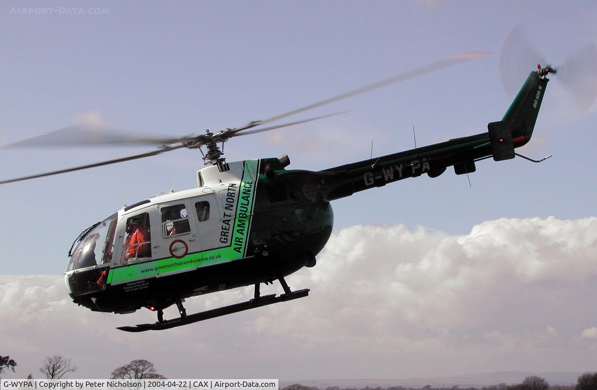 G-WYPA, 1989 MBB Bo.105DBS-4 C/N S.815, This Great North Air Ambulance MBB Bo-105 as seen departing from Carlisle in April 2004.