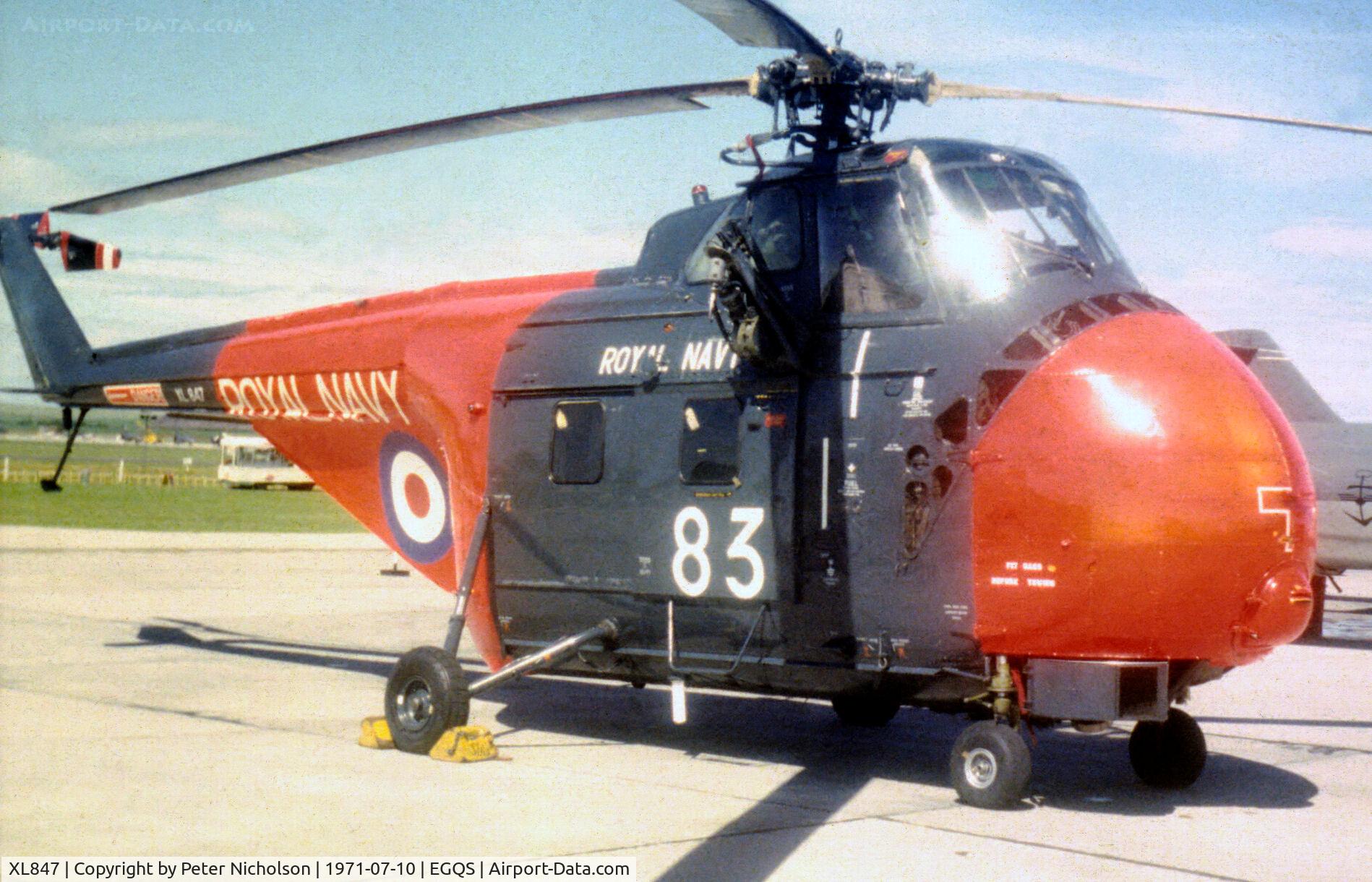 XL847, 1958 Westland Whirlwind HAS.7 C/N WA209, Whirlwind HAS.7 of the RNAS Lossiemouth SAR Flight on display at the 1971 Airshow.