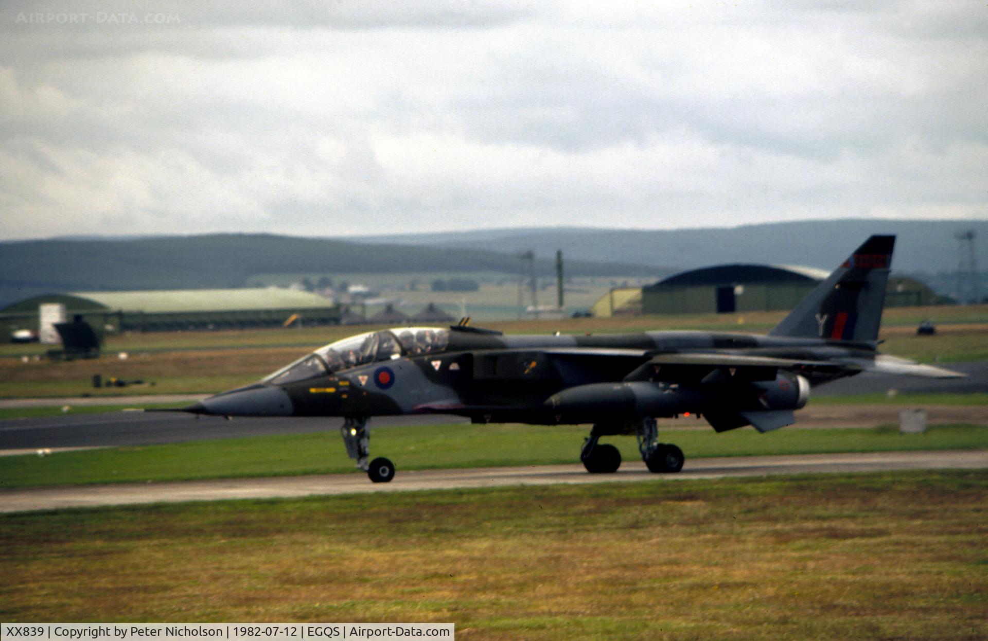 XX839, 1975 Sepecat Jaguar T.2A C/N B.27, Jaguar T.2 of 226 Operational Conversion Unit taxying at RAF Lossiemouth in the Summer of 1982.