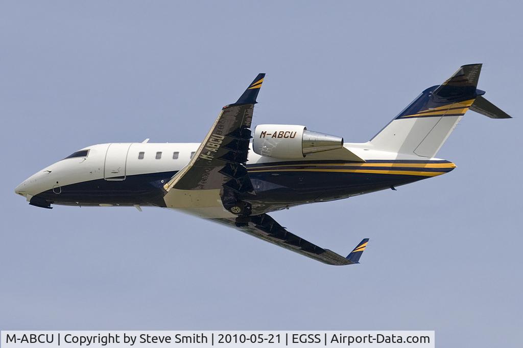 M-ABCU, 2009 Bombardier Challenger 605 (CL-600-2B16) C/N 5813, Leaving Stansted EGSS on Delivery flight.