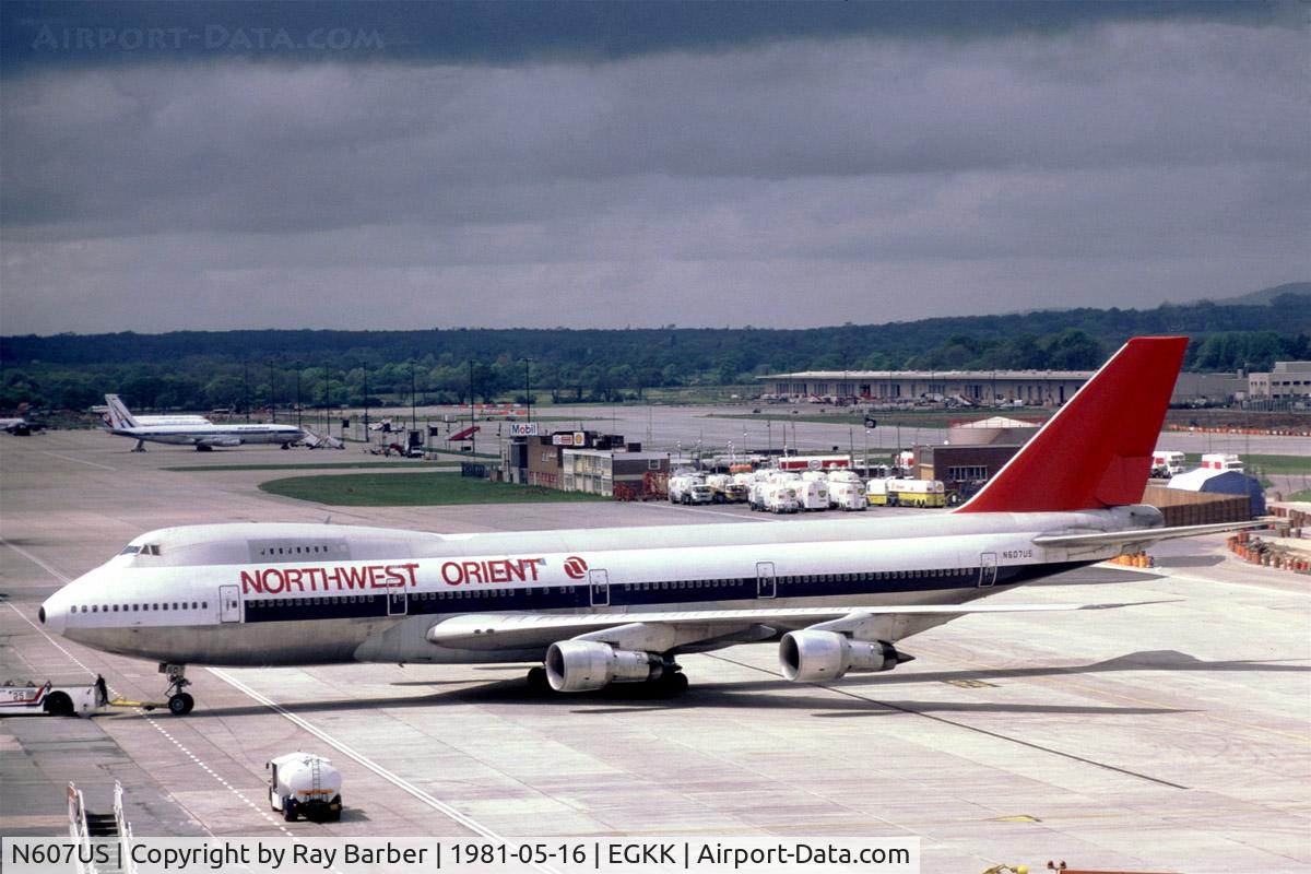 N607US, Boeing 747-151 C/N 19784, Boeing 747-151 [19784] (Northwest Orient) Gatwick~G 16/05/1981. Taken from a slide.