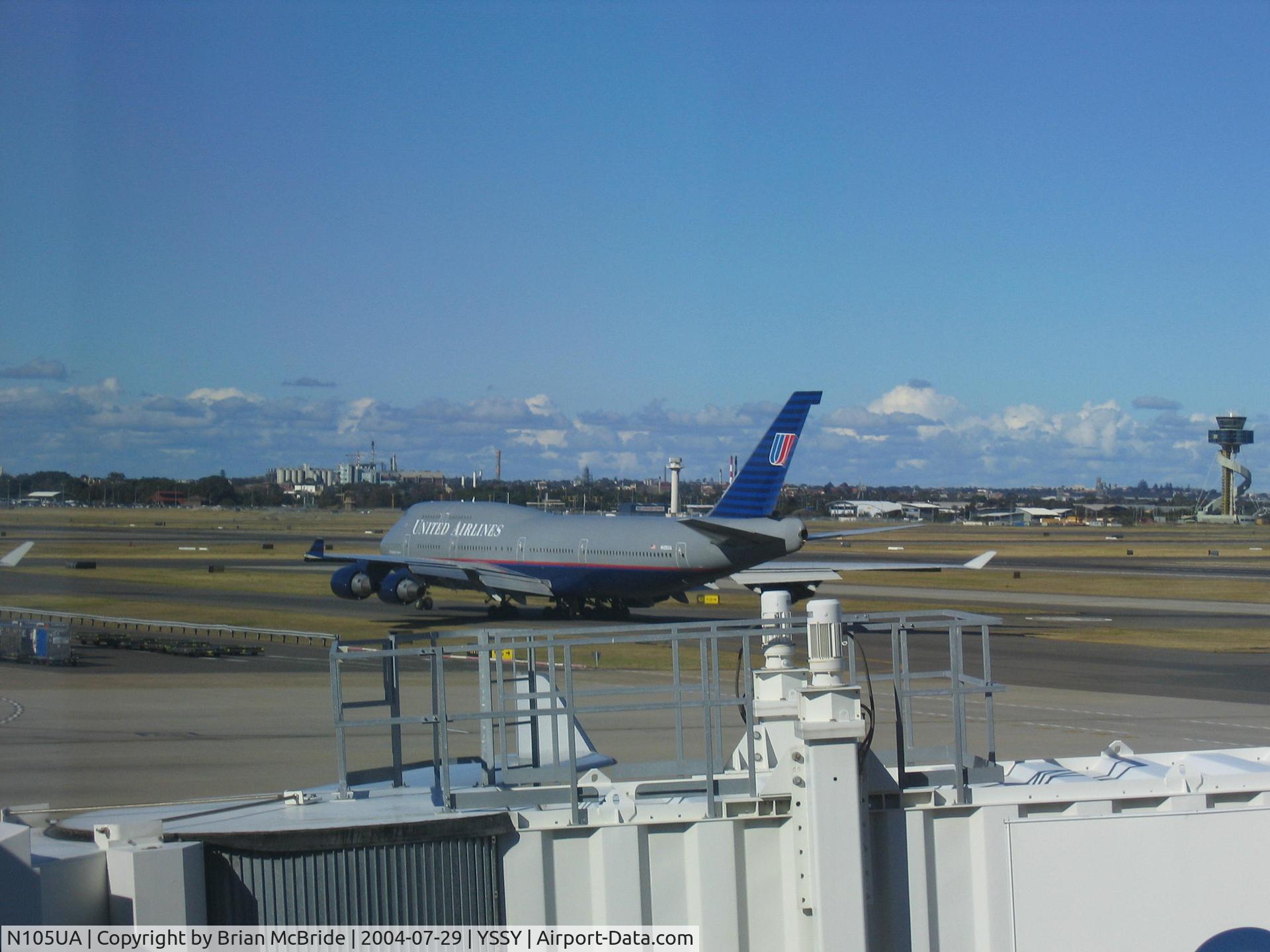 N105UA, 1994 Boeing 747-451 C/N 26473, United Airlines. 747-451. N105UA 8105 cn 26473 985. Vertical stabilizer rudder check. Sydney - Kingsford Smith International (Mascot) (SYD YSSY). Image © Brian McBride. 29 July 2004