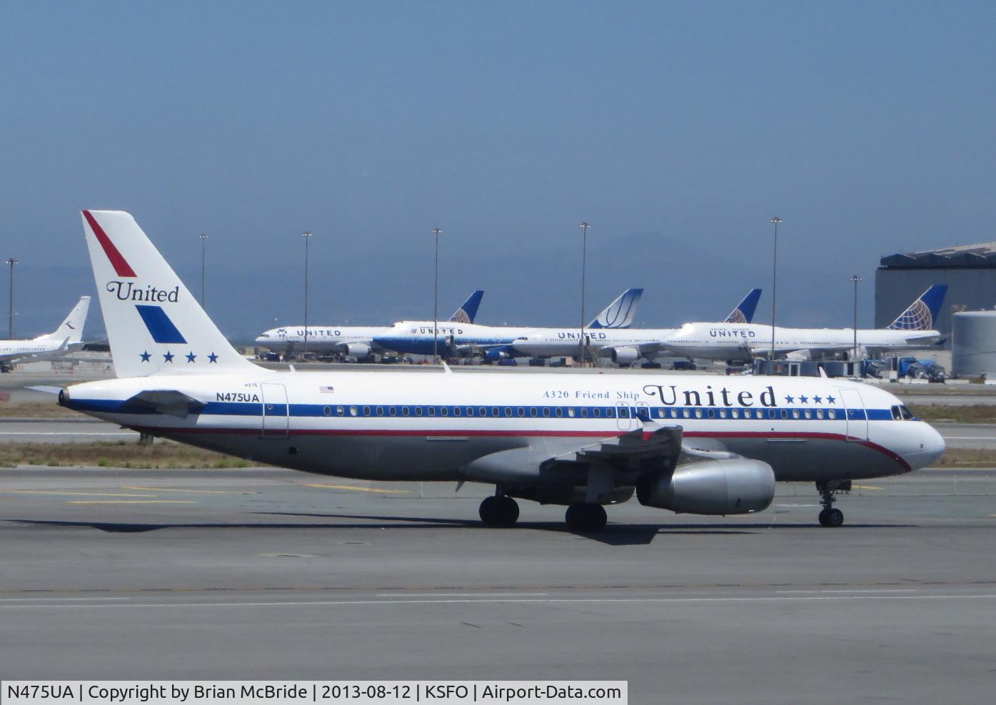 N475UA, 2001 Airbus A320-232 C/N 1495, United Airlines. A320-232. N475UA 4275 cn 1495. Retro livery. San Francisco - International (SFO KSFO). Image © Brian McBride. 12 August 2013