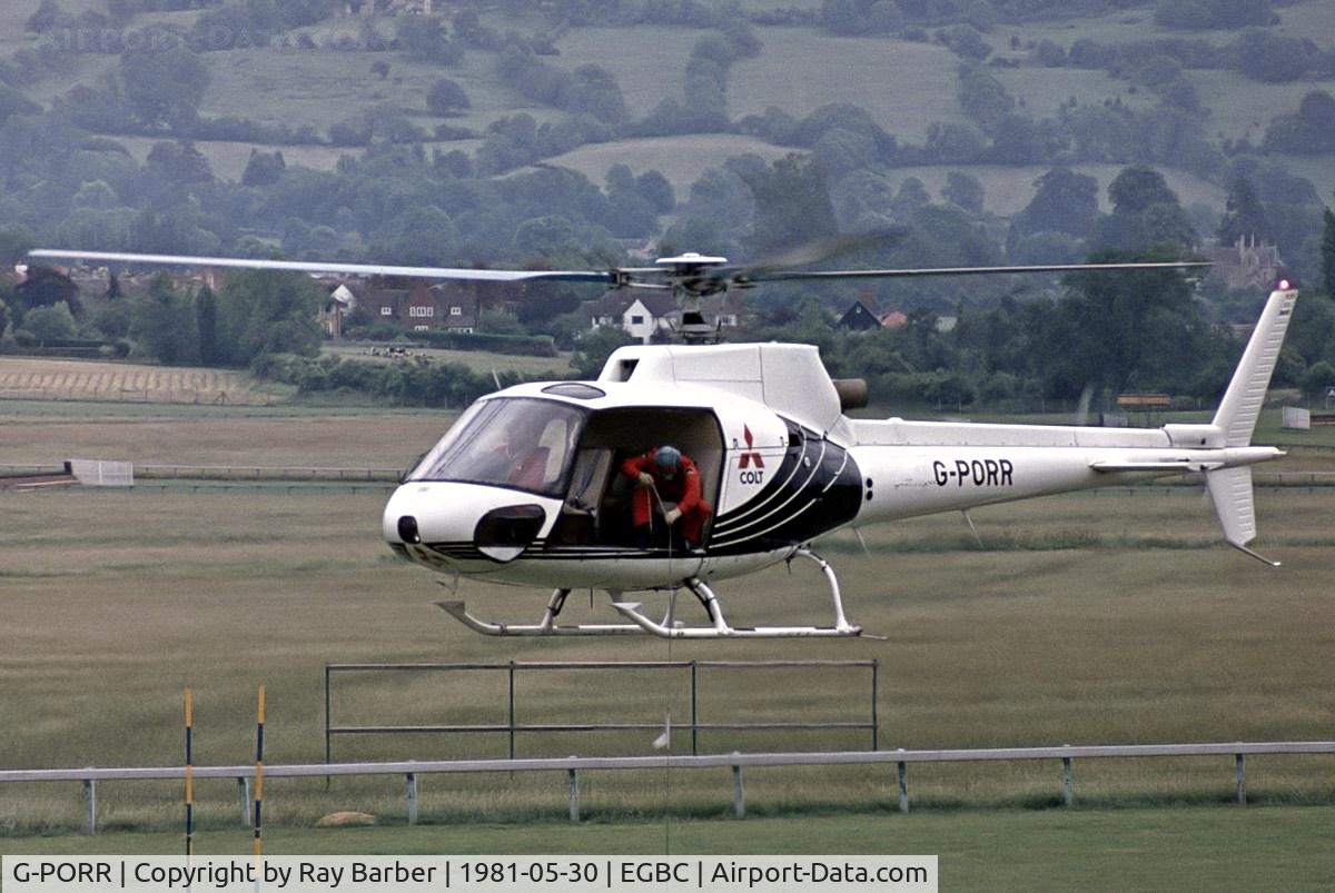 G-PORR, 1980 Aerospatiale AS-350B Ecureuil C/N 1395, Aerospatiale AS350BA Ecureuil [1395] Cheltenham Racecourse~G 30/05/1981. Taken from a slide.