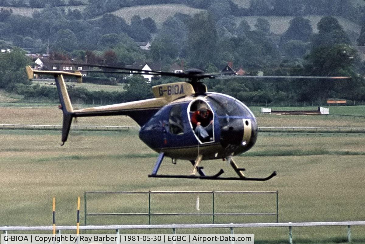 G-BIOA, 1980 Hughes 369D C/N 1200880D, Hughes 369D [120-0880D] Cheltenham Racecourse~G 30/05/1981. Taken from a slide.