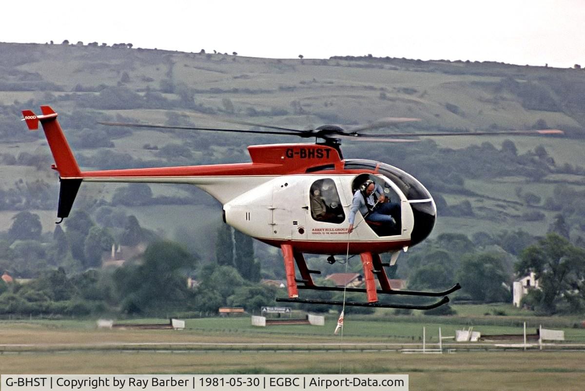 G-BHST, 1980 Hughes 369D C/N 400714D, Hughes 369D [40-0714D] (Abbeyhill Group) Cheltenham Racecourse~G 30/05/1981. Taken from a slide.