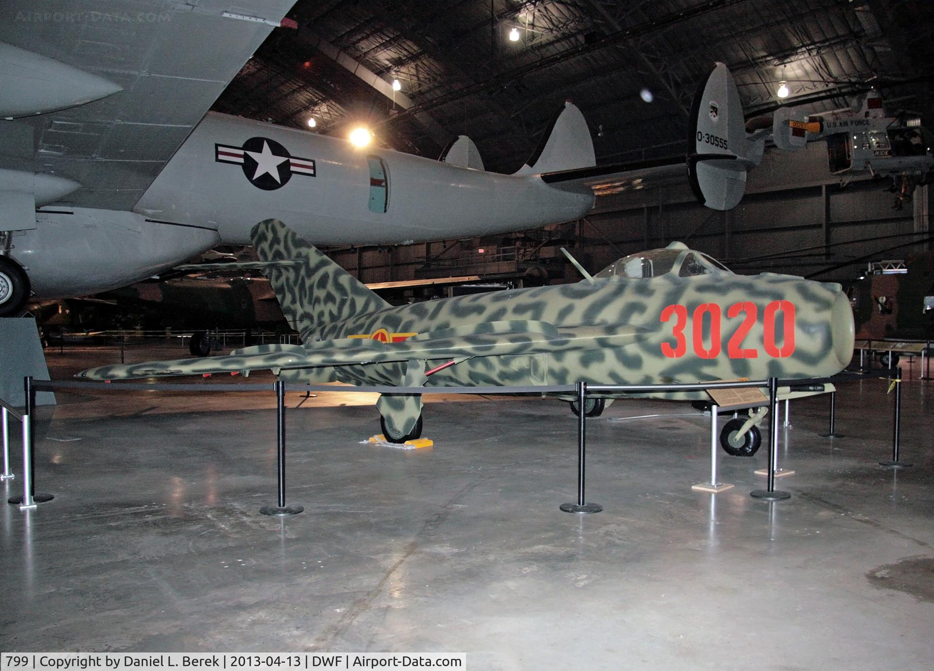 799, Mikoyan-Gurevich MiG-17F C/N Not found 28, The aircraft on display was presented to the museum by the Egyptian Air Force in 1986 as a symbol of friendship and cooperation between the two nations. It is painted to represent a VPAF MiG-17 wearing 3020 Red.
