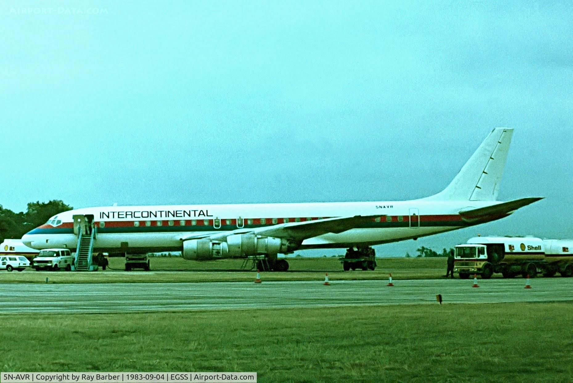 5N-AVR, 1965 Douglas DC-8-52 C/N 45758, Douglas DC-8-52 [45758] (Intercontinental Airlines) Stansted~G  04/09/1983. Taken from a slide.