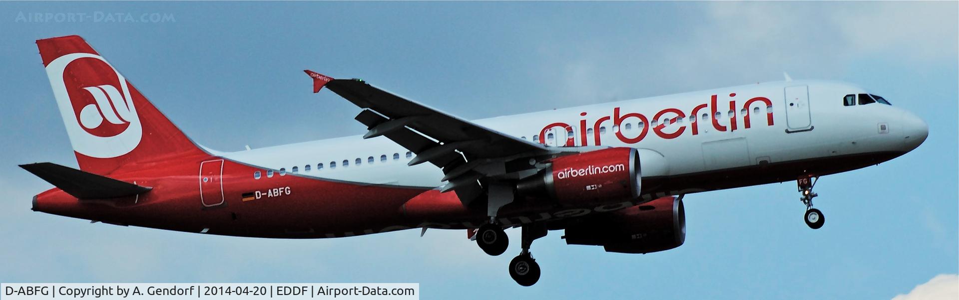 D-ABFG, 2010 Airbus A320-214 C/N 4291, Air Berlin, is here arriving from Alicante(LEAL), at Frankfurt Rhein/Main Int'l(EDDF)