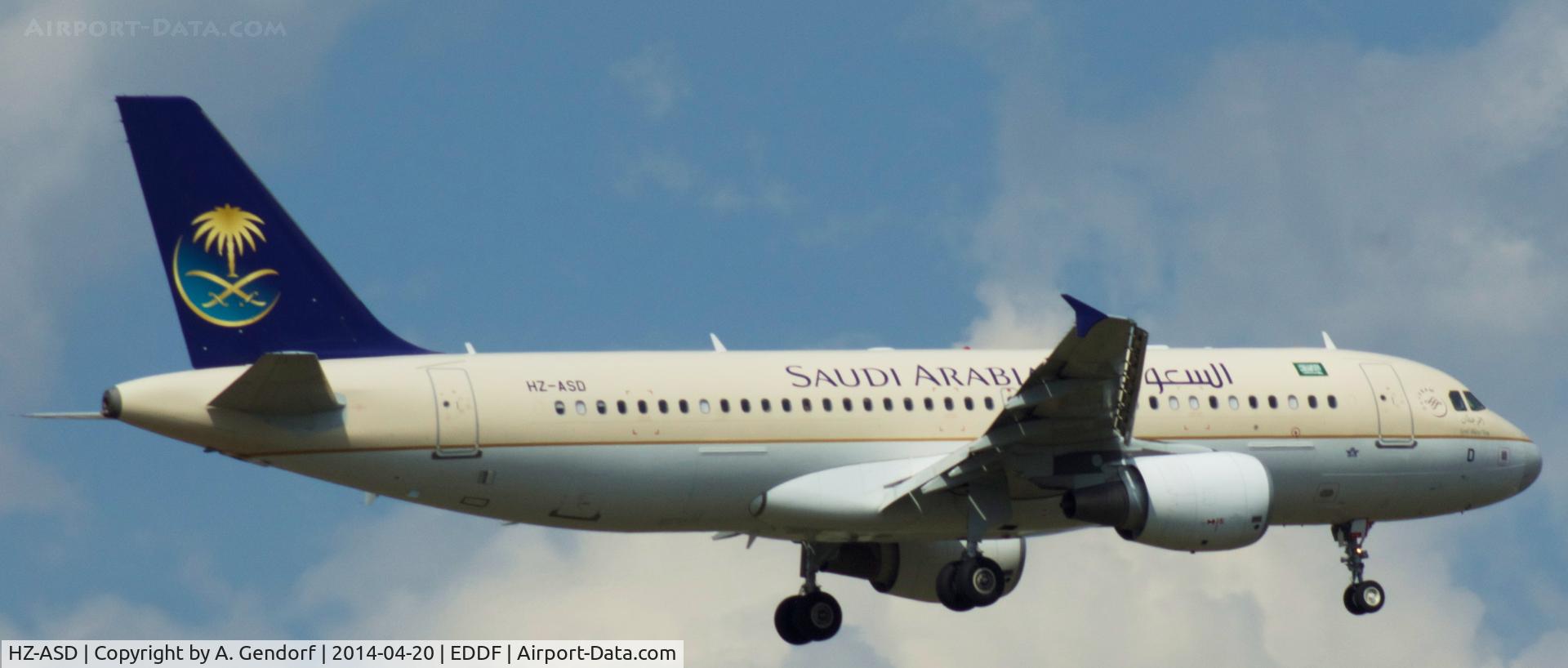 HZ-ASD, 2010 Airbus A320-214 C/N 4364, Saudi Arabian Airlines, is here landing on RWY 07R at Frankfurt Rhein/Main Int'l(EDDF)