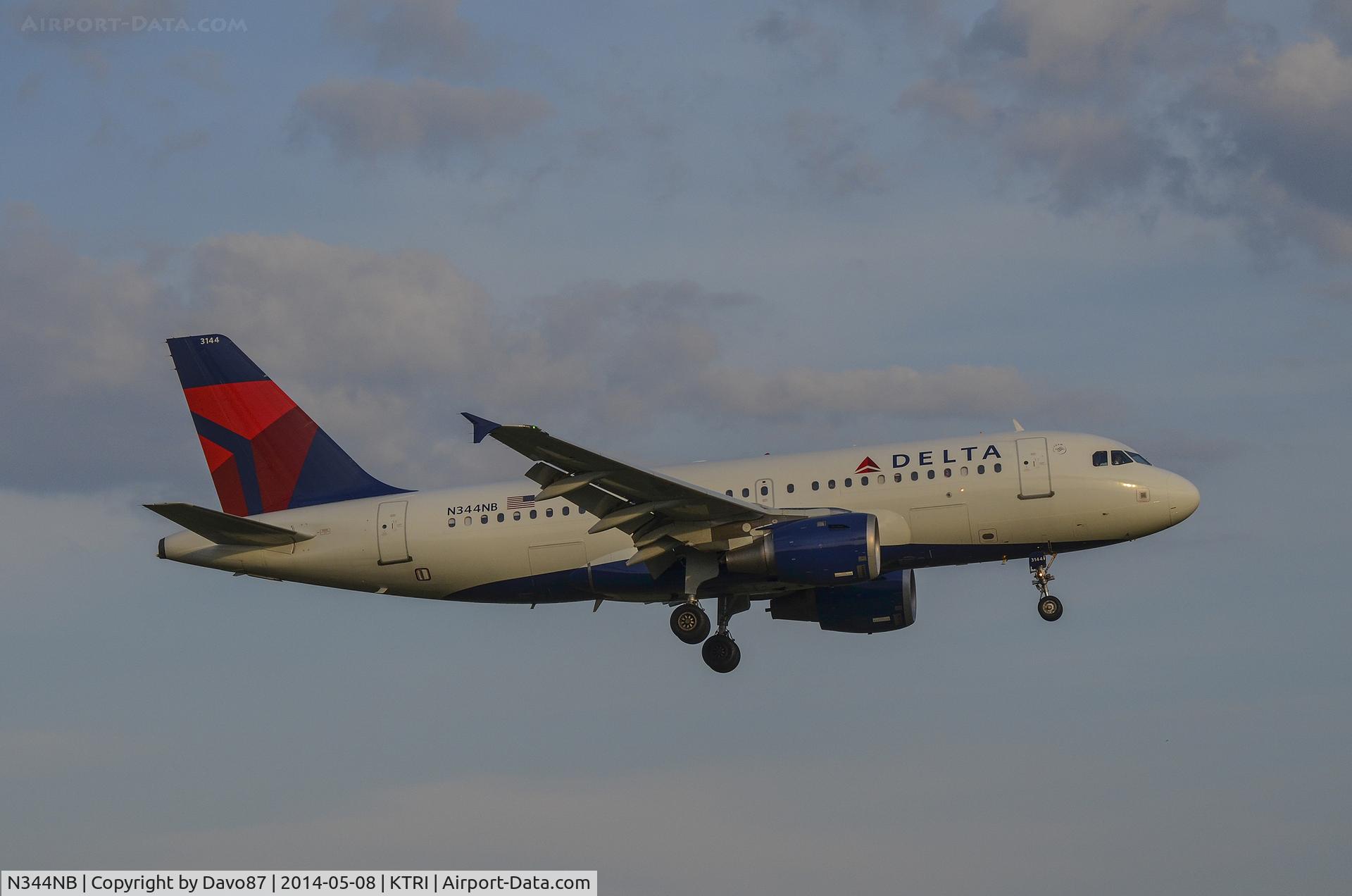 N344NB, 2002 Airbus A319-114 C/N 1766, Delta Airbus A319 about to touch down at Tri-Cities Regional Airport (KTRI).