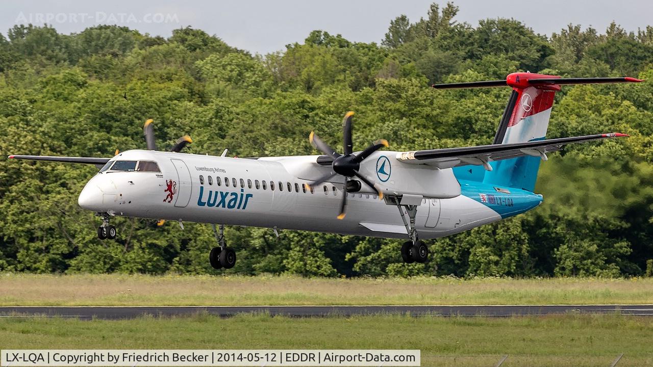 LX-LQA, 2014 De Havilland Canada DHC-8-402 Dash 8 C/N 4468, moments prior touchdown RW27