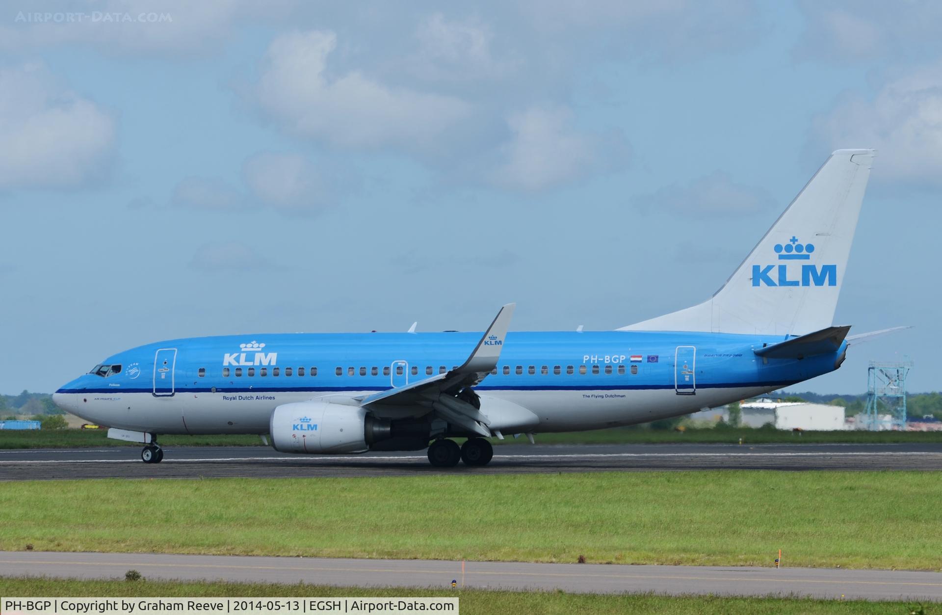PH-BGP, 2011 Boeing 737-7K2 C/N 38127, Just landed at Norwich, after diverting due to problems.