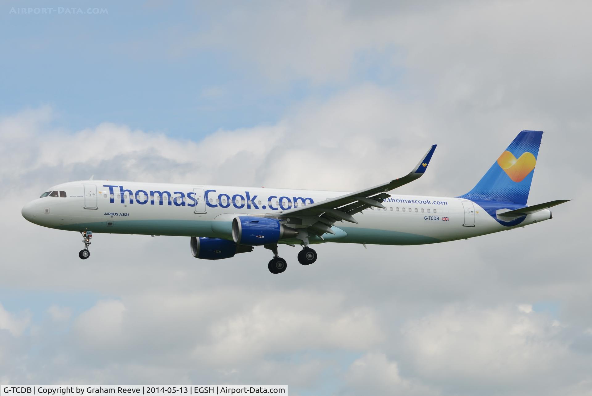 G-TCDB, 2013 Airbus A321-211 C/N 5603, About to land at Norwich.