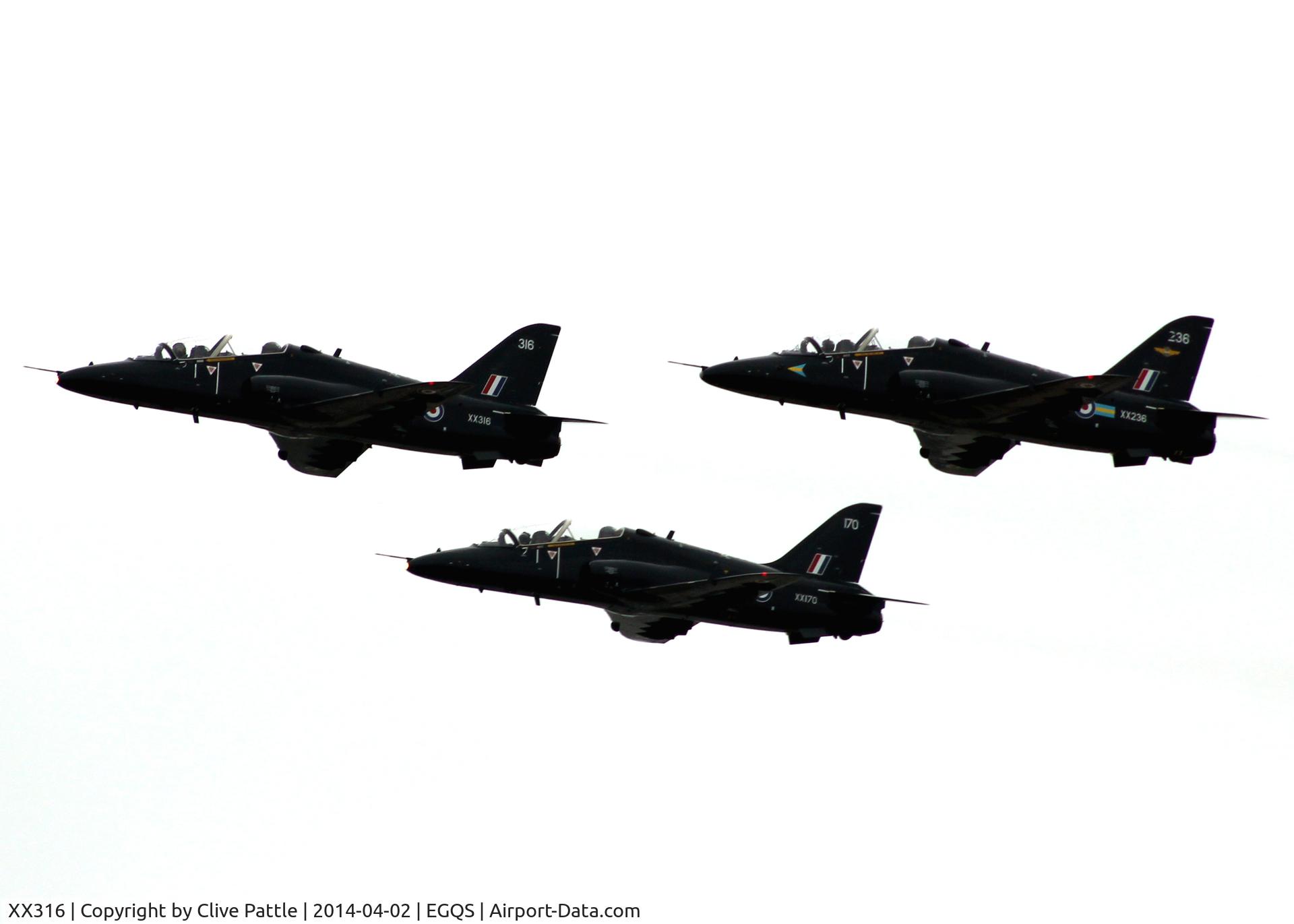 XX316, 1980 Hawker Siddeley Hawk T.1A C/N 158/312141, 100 Sqn threesome, pictured during Exercise Joint Warrior 1/14 with XX170 and XX236