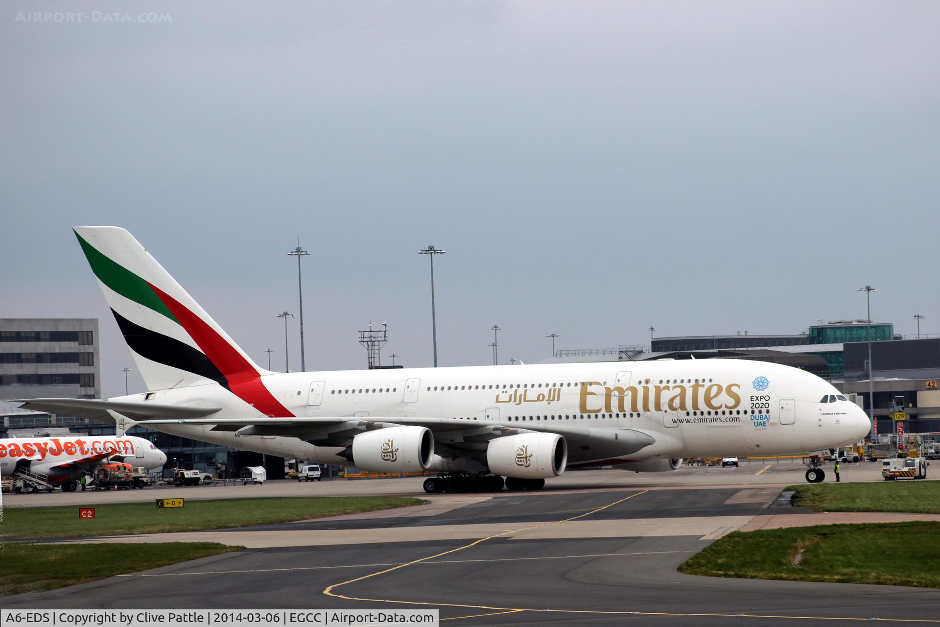 A6-EDS, 2011 Airbus A380-861 C/N 086, Push-Back at EGCC
