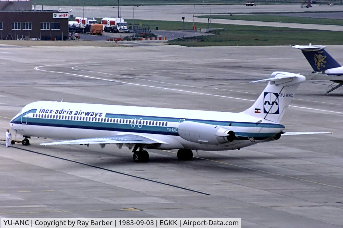 YU-ANC, 1981 McDonnell Douglas MD-82 (DC-9-82) C/N 48087, Douglas DC-9-82 (MD-82) [48087] (Inex-Adria Airways) Gatwick~G 03/09/1983. Taken from a slide.