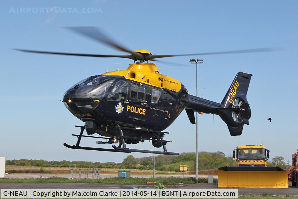 G-NEAU, 2004 Eurocopter EC-135T-2 C/N 0333, Eurocopter EC-135T-2 takes off to an emergency call from the NPAS (National Police Air Service) facility at Newcastle Airport. May 14th 2014.