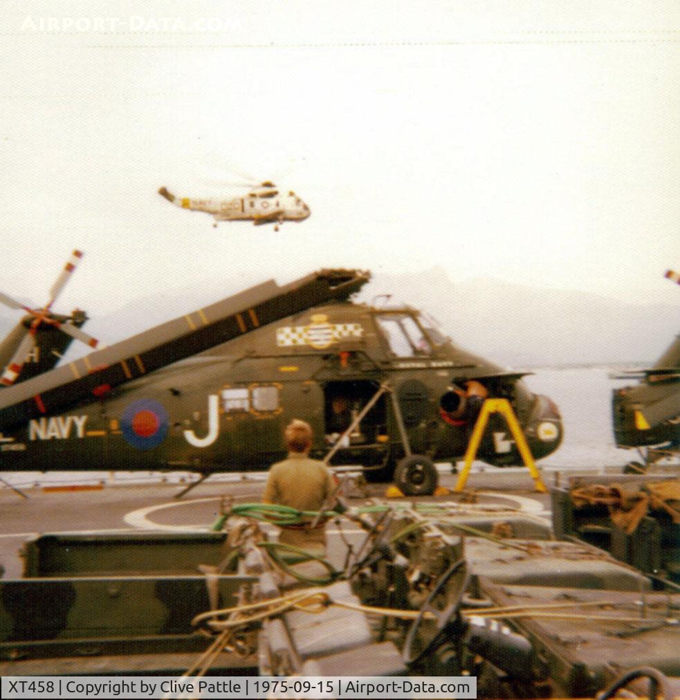 XT458, 1965 Westland Wessex HU.5 C/N WA280, Westland Wessex, XT458 coded 'J' of 845 NAS pictured on HMS Hermes during deployment to Exercise Deep Express in September 1975. Note USN Seaking from USS John F Kennedy in rear. Picture taken on an old 'Instamatic' camera.