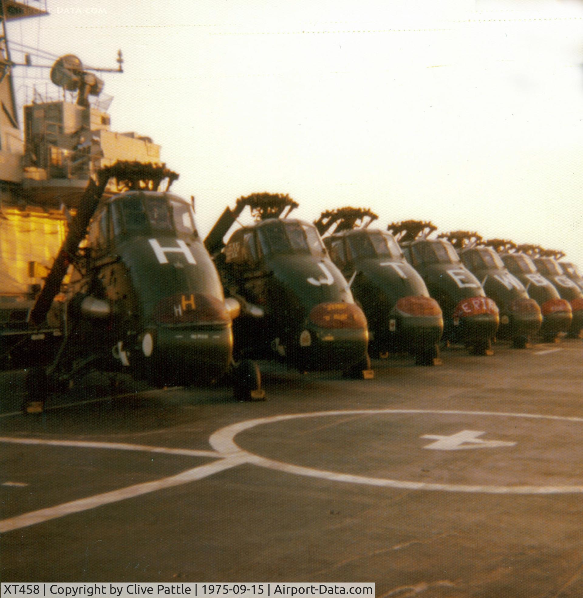 XT458, 1965 Westland Wessex HU.5 C/N WA280, A line-up of 845 NAS Westland Wessex on HMS Hermes, pictured in September 1975 during Exercise Deep Express '75. Picture taken on an instamatic camera hence poor quality, but submitted for sharing/historical purposes