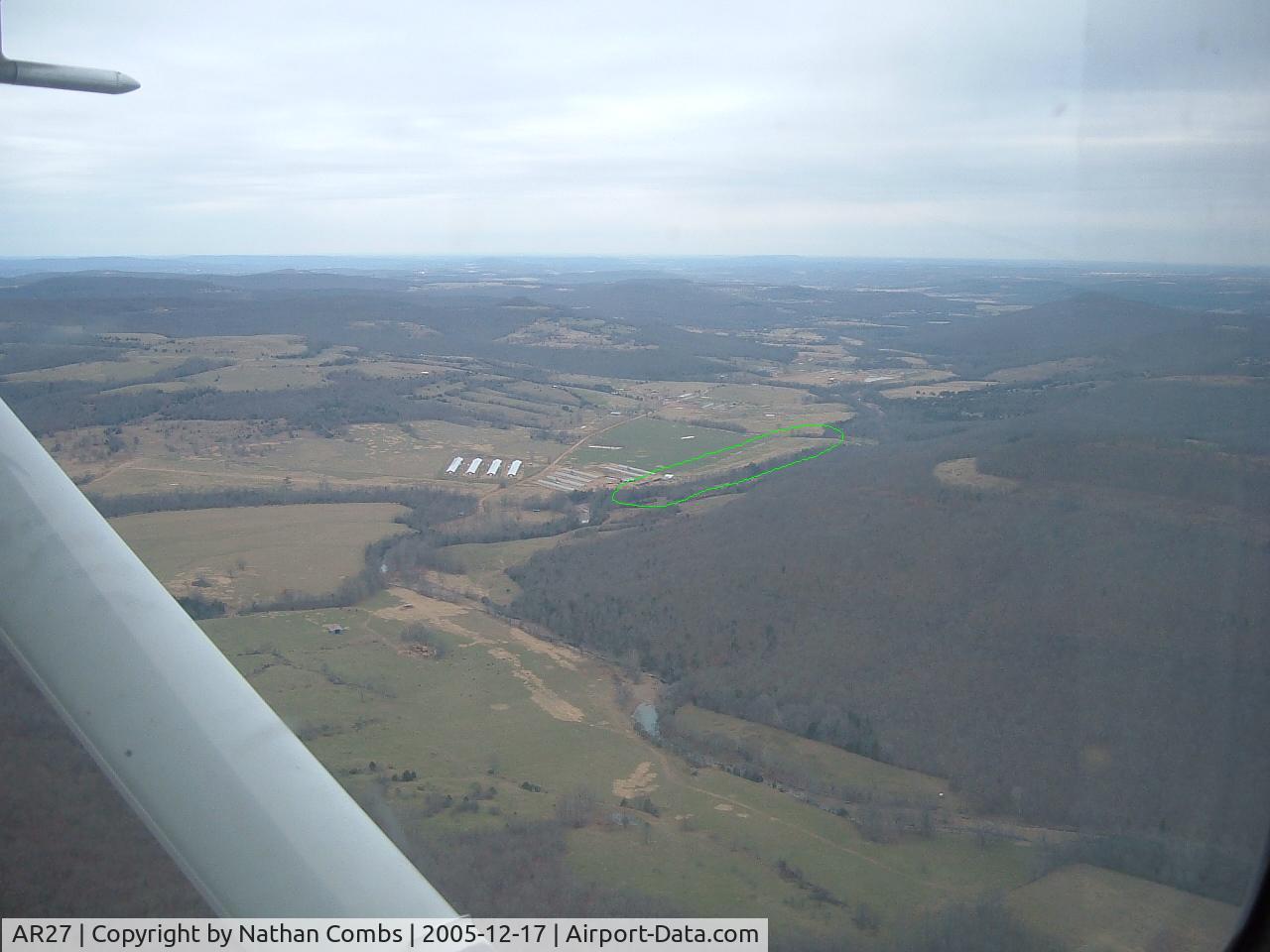 Lollars Creek Farm Airport (AR27) - Not sure if its a runway anymore, but you can tell there used to be one when you fly over it. I circled it in green because I took the pic. with the hill in the way, and its grass, like the field, so its kinda hard to see.