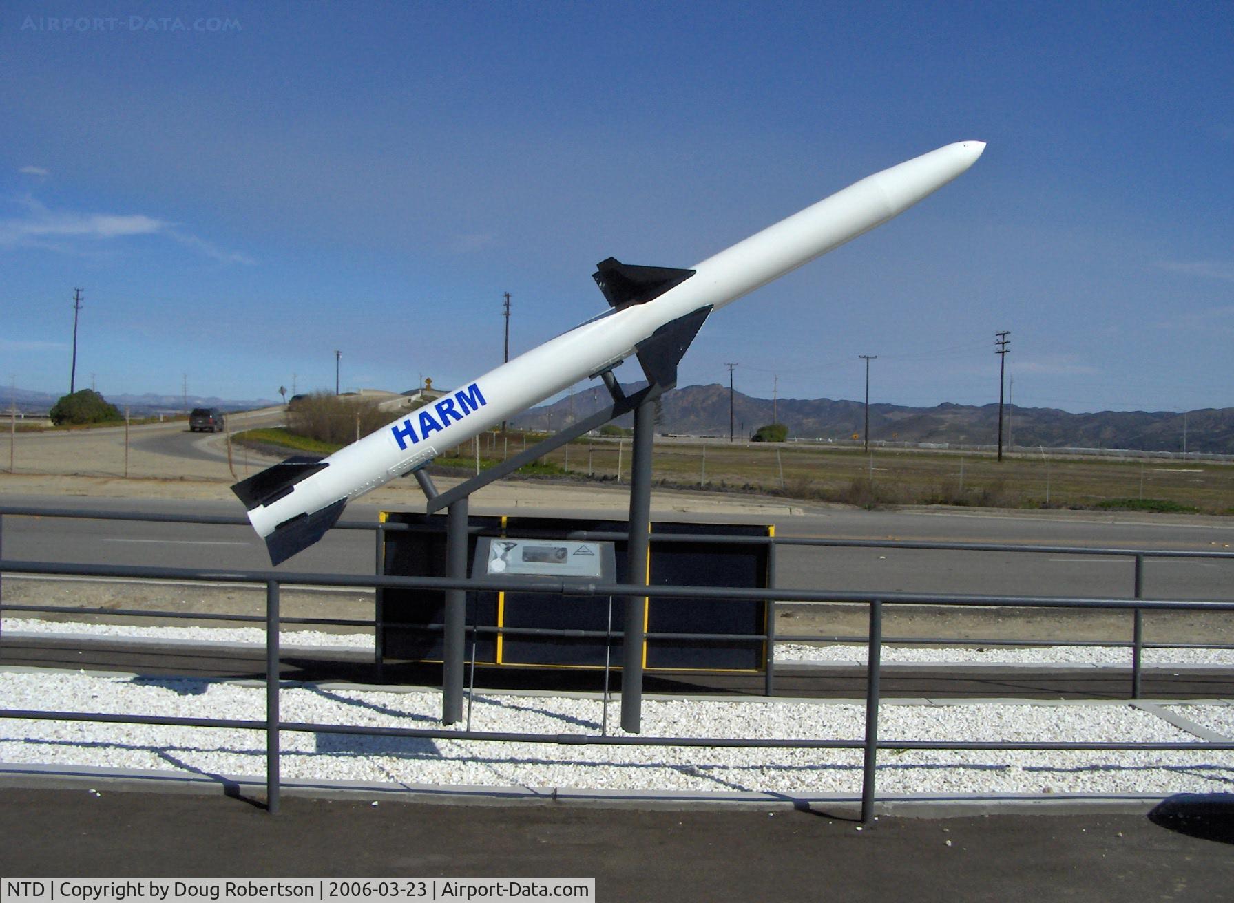 Point Mugu Nas (naval Base Ventura Co) Airport (NTD) - AGM-88 HARM, High-perf. Anti-Radiation Missile, supersonic, 125 lb. warhead, USN (Lead Serv.) TechEval 1980, 1st prod. 1983 Texas Instr.; USN, USAF & Foreign Mil. Sales, 1989-1st hostile use Gulf of Sidra, 1991 use Gulf War, now latest-ATK AGM-88E AARGM