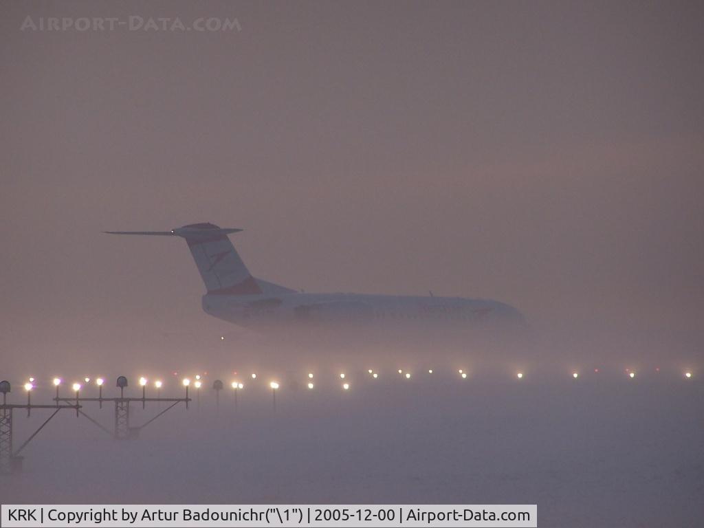 John Paul II International Airport Kraków-Balice, Kraków Poland (KRK) - fog and fokker 100 in holding point rwy 25