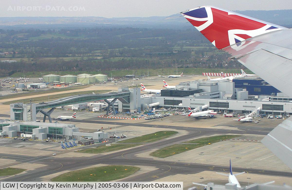 London Gatwick Airport, London, England United Kingdom (LGW) - Overview of new air bridge at Gatwick on take off.