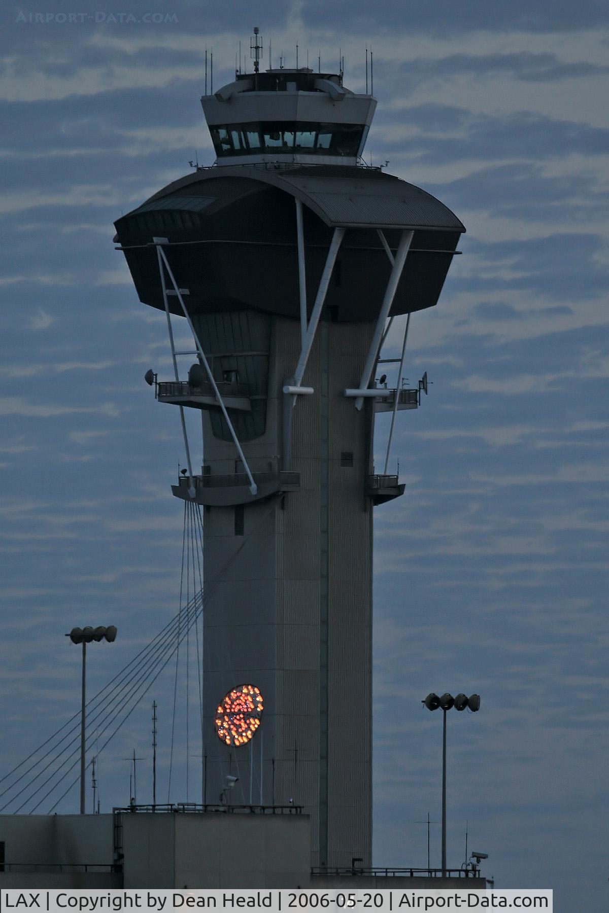 Los Angeles International Airport (LAX) - Looking south at the LAX control tower in the evening.