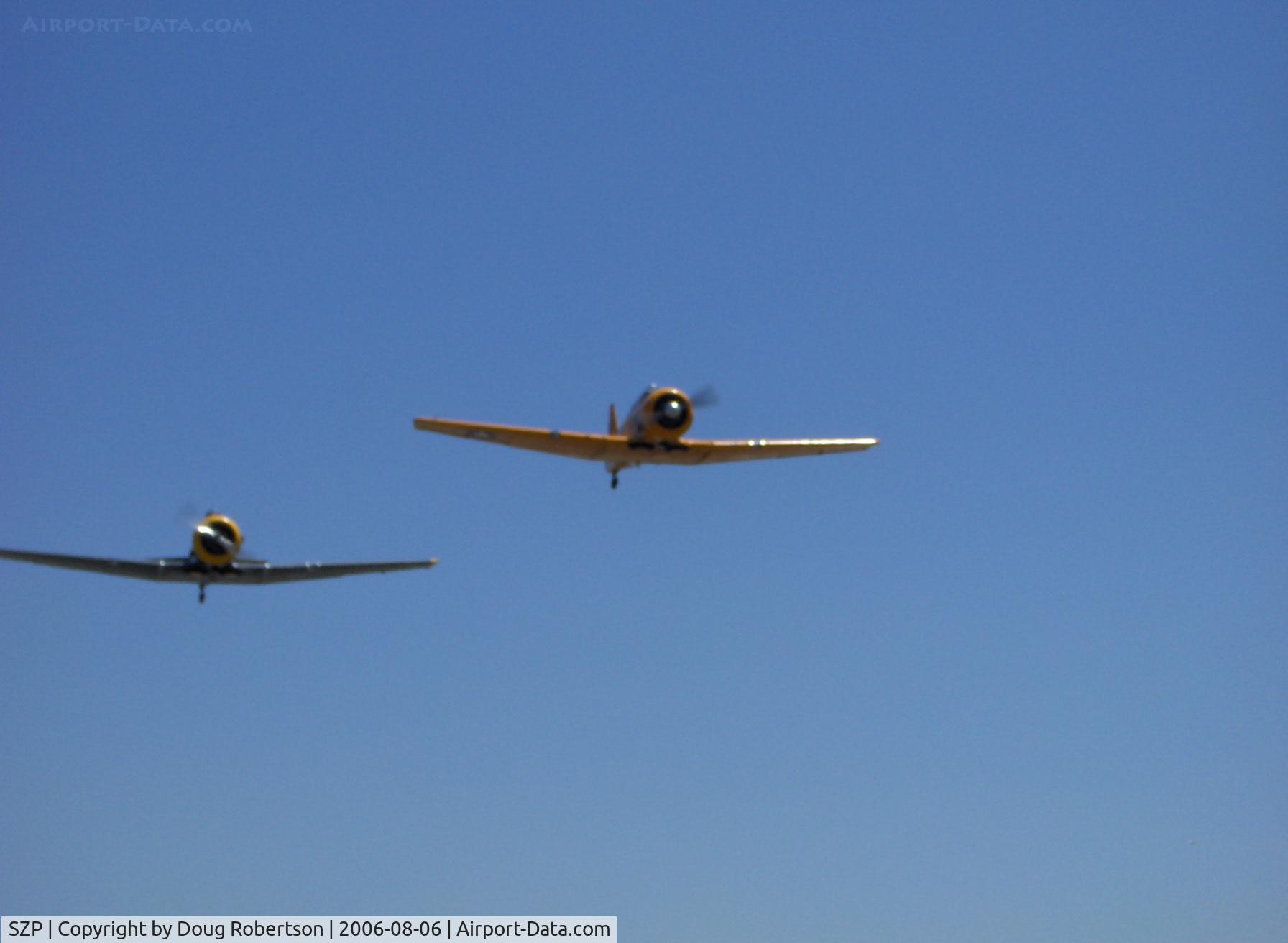 Santa Paula Airport (SZP) - High speed echelon formation pass over Runway 22, N8540P AT-6D TEXAN 