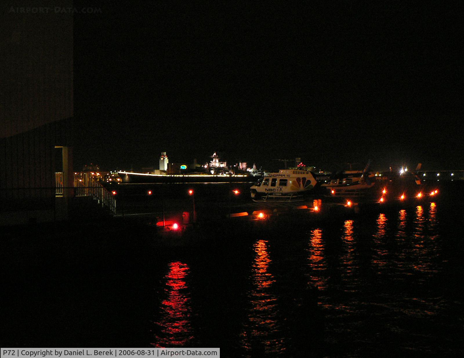 Penn's Landing Heliport (P72) - Penn's Landing hosts sight-seeing helicopters by day and television and police choppers by night. Across the Delaware is the battleship USS New Jersey.