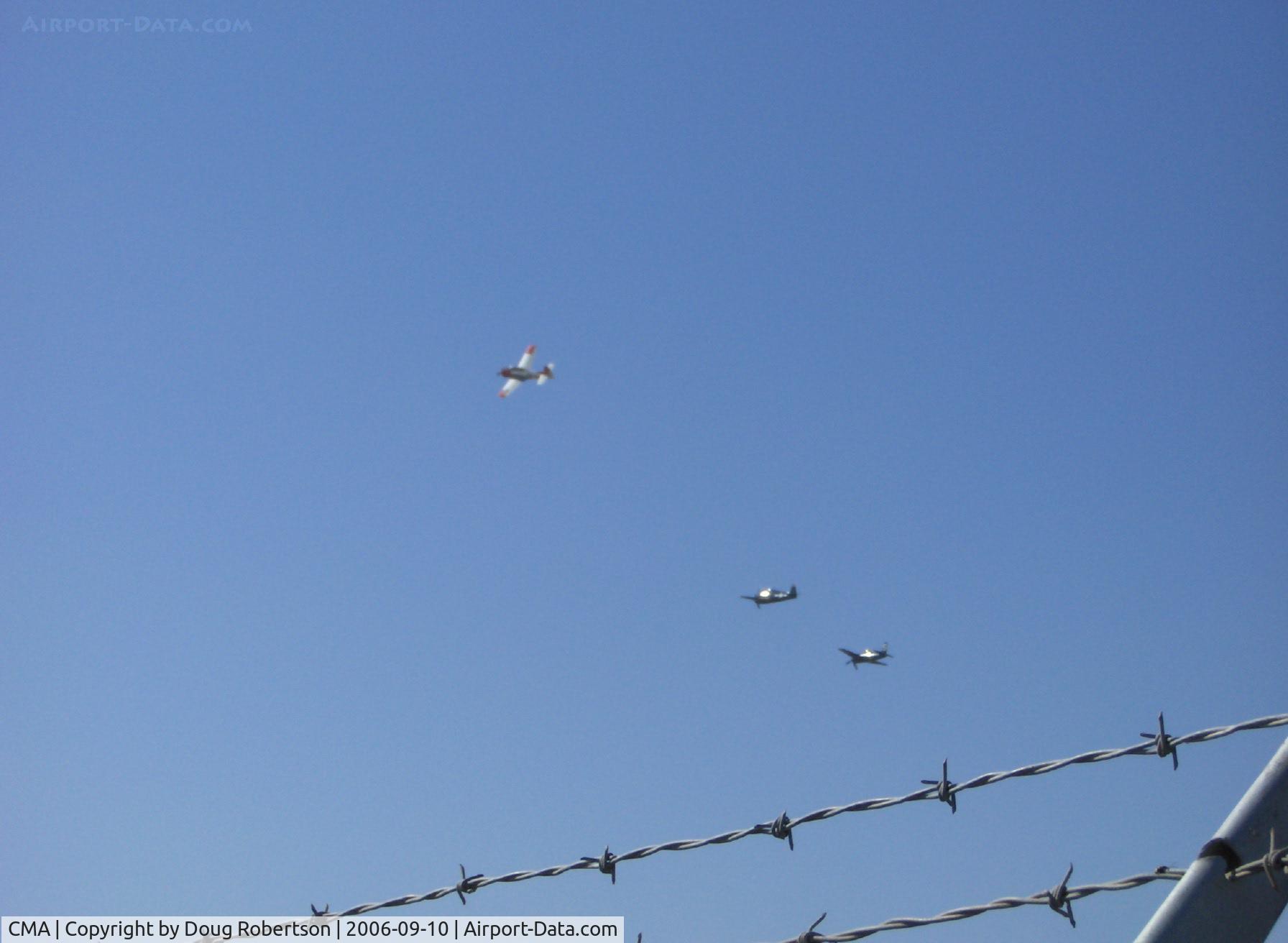 Camarillo Airport (CMA) - Freedom Over Fences. Commemorative Air Force echelon arrival over Runway 26, N341MR Mentor, N1078Z Hellcat and N7825C Bearcat