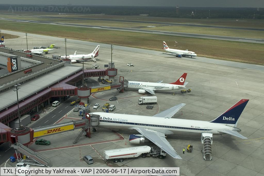 Tegel International Airport (closing in 2011), Berlin Germany (TXL) - Terminal seen from the tower with Delta Airlines Boeing 767-300 N172DN