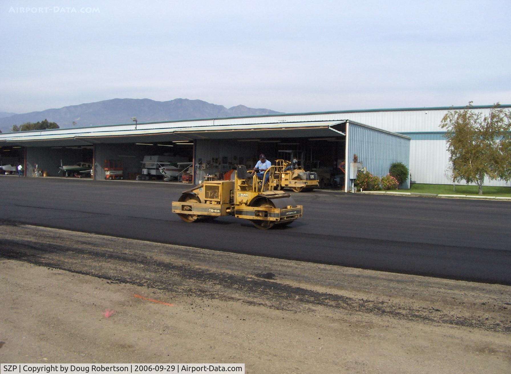 Santa Paula Airport (SZP) - Grading newly resurfaced asphalt aircraft ramp