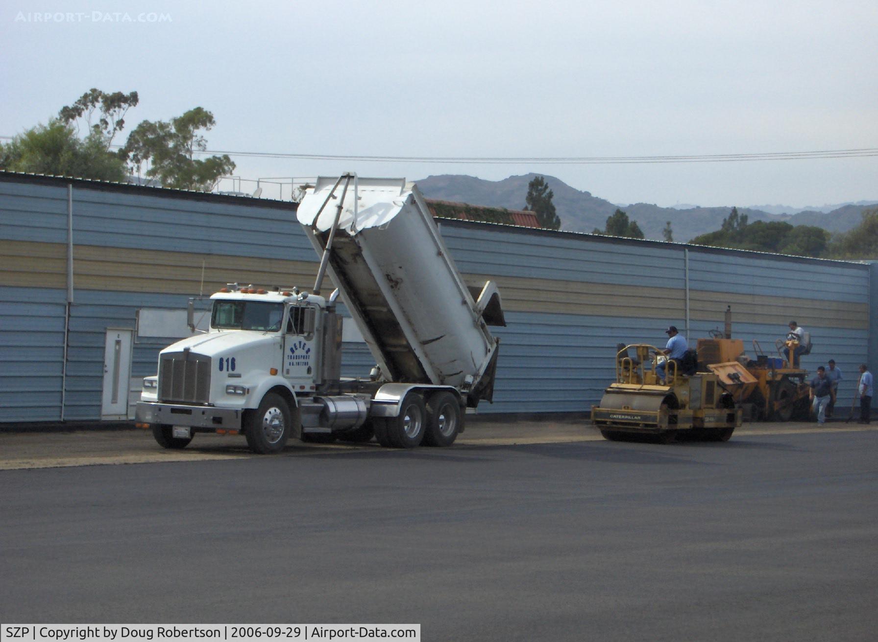 Santa Paula Airport (SZP) - Filling and grading newly resurfaced asphalt aircraft ramp