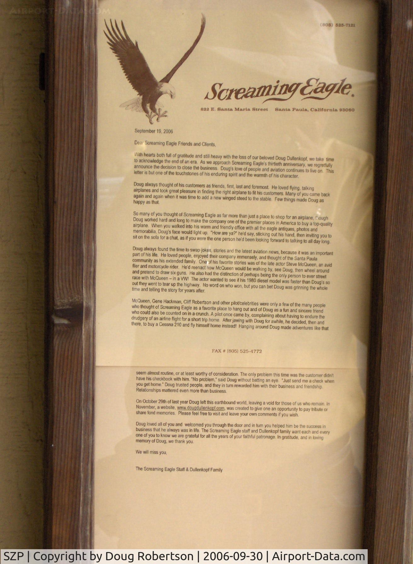 Santa Paula Airport (SZP) - End of an Era, 1977-2006. Oldest aircraft dealer (in its original location) west of the Mississippi River closes.