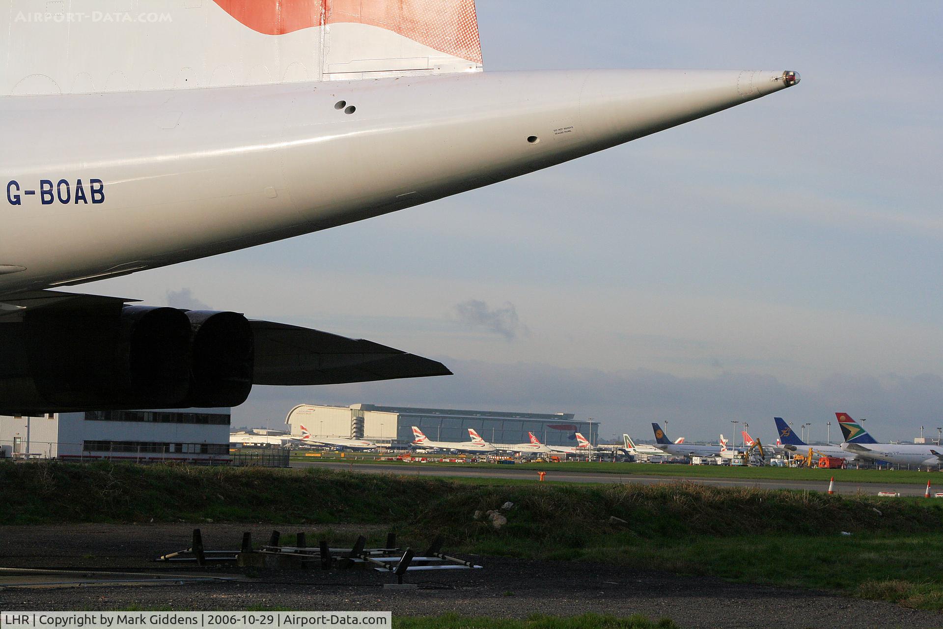 London Heathrow Airport, London, England United Kingdom (LHR) - BA World Cargo Centre seen under Concorde G-BOAB