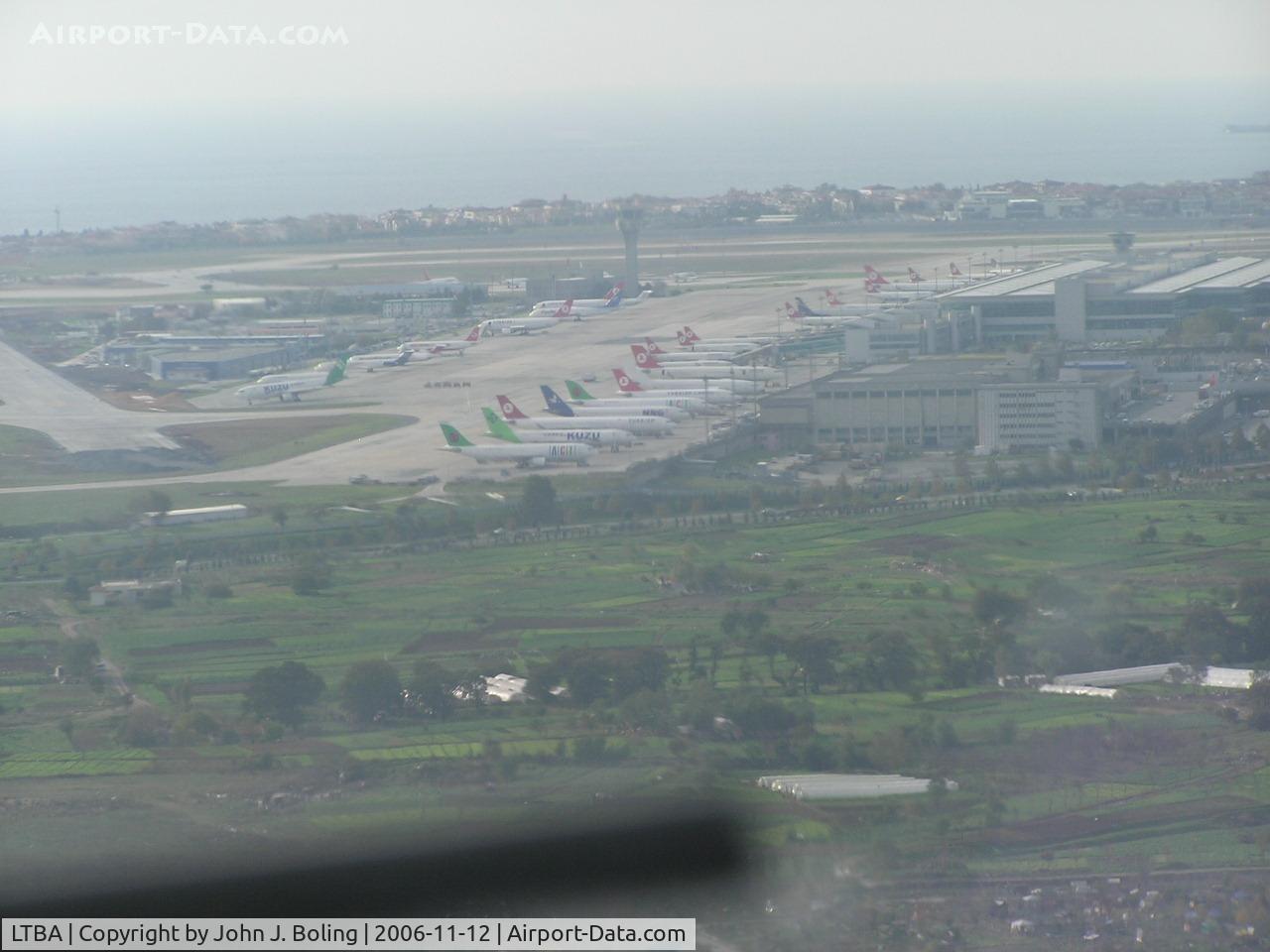 Istanbul Atatürk International Airport, Istanbul Turkey (LTBA) - South ramp at LTBA/IST. Cargo ramp in center of photo,main terminal at right, rwy 24 just off left side.