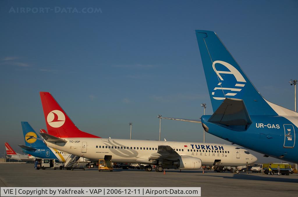 Vienna International Airport, Vienna Austria (VIE) - Ramp overview with 737 of Turkish Airlines, Adria Airways, Ukraine International and Lauda Air