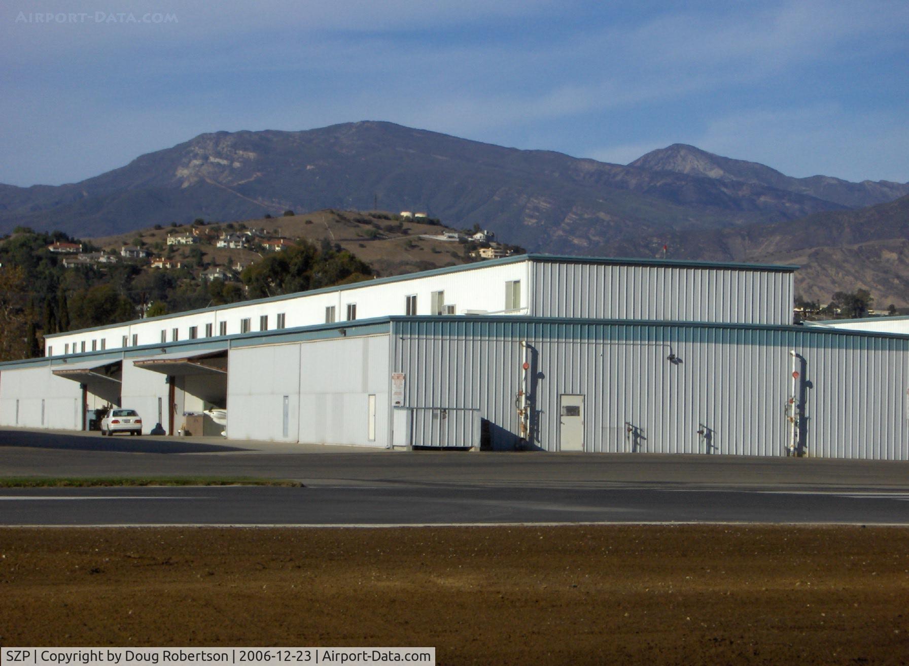 Santa Paula Airport (SZP) - Newer Hangars, Topa Topa Mnts. in background-6,244 feet, Hines Peak 6,704 feet elevation
