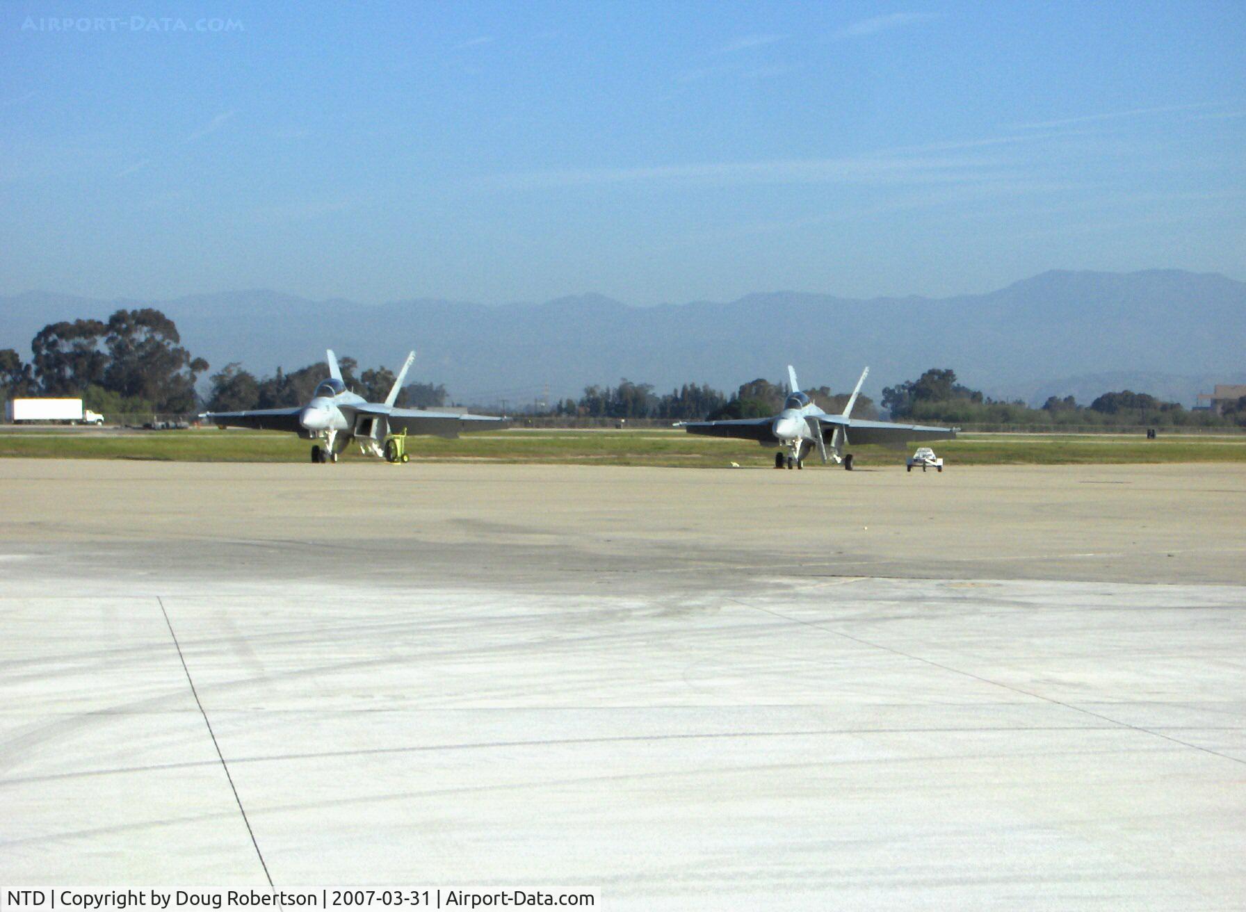 Point Mugu Nas (naval Base Ventura Co) Airport (NTD) - USN Boeing McDonnell Douglas F/A-18F SUPER HORNETS of VFA-122, NAS Lemoore, two General Electric F414-GE-400 Turbofans 22,000 lb st each, Stealth technology, Hughes APG-73 RADAR. Prototype 1st flight St. Louis, MO. 29 Nov. 1995.