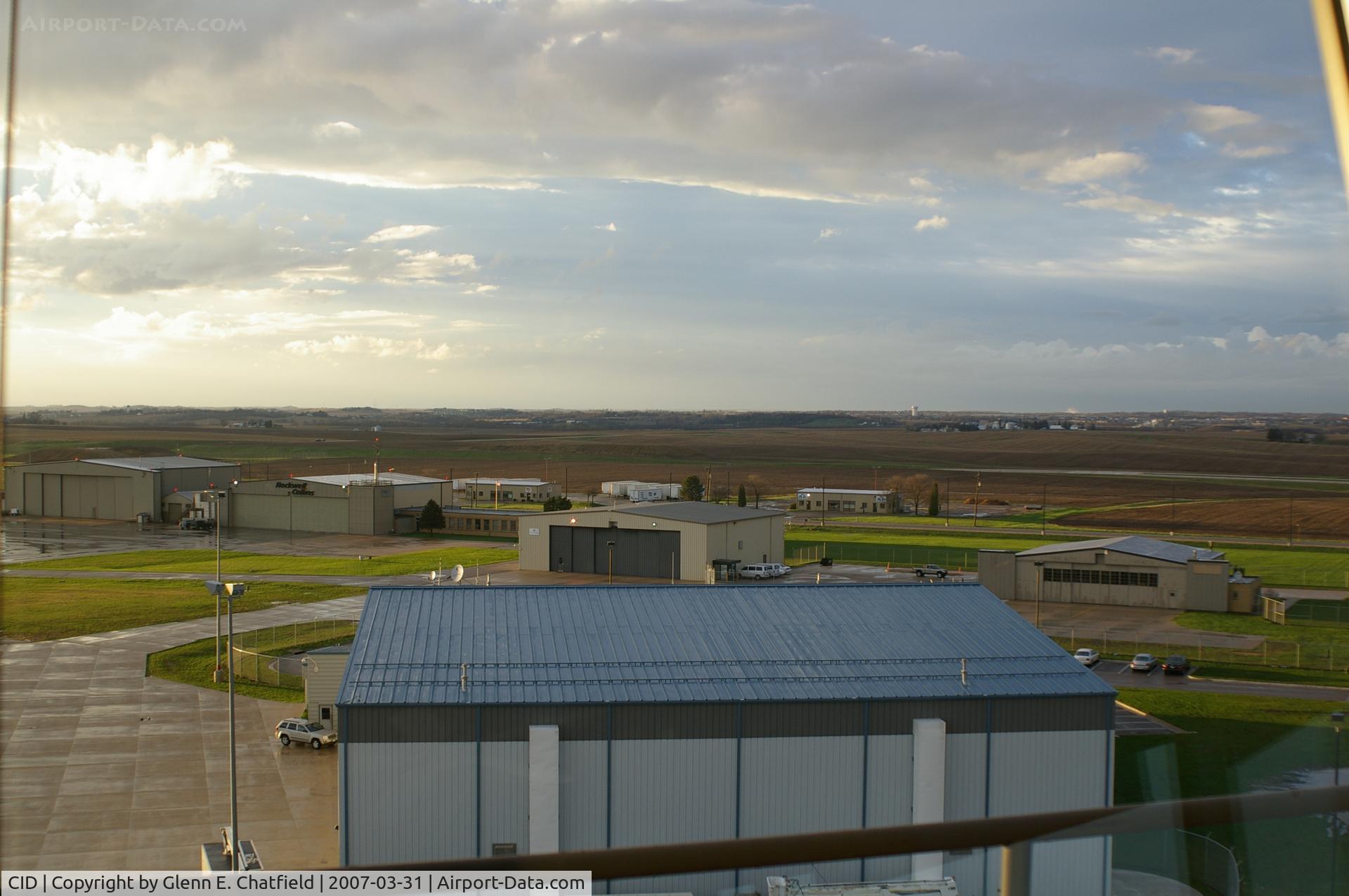 The Eastern Iowa Airport (CID) - Looking NNW from the control tower; foreground is Landmark; right rear is Iowa Glass, center rear is Alliant Energy, left rear is Rockwell-Collins