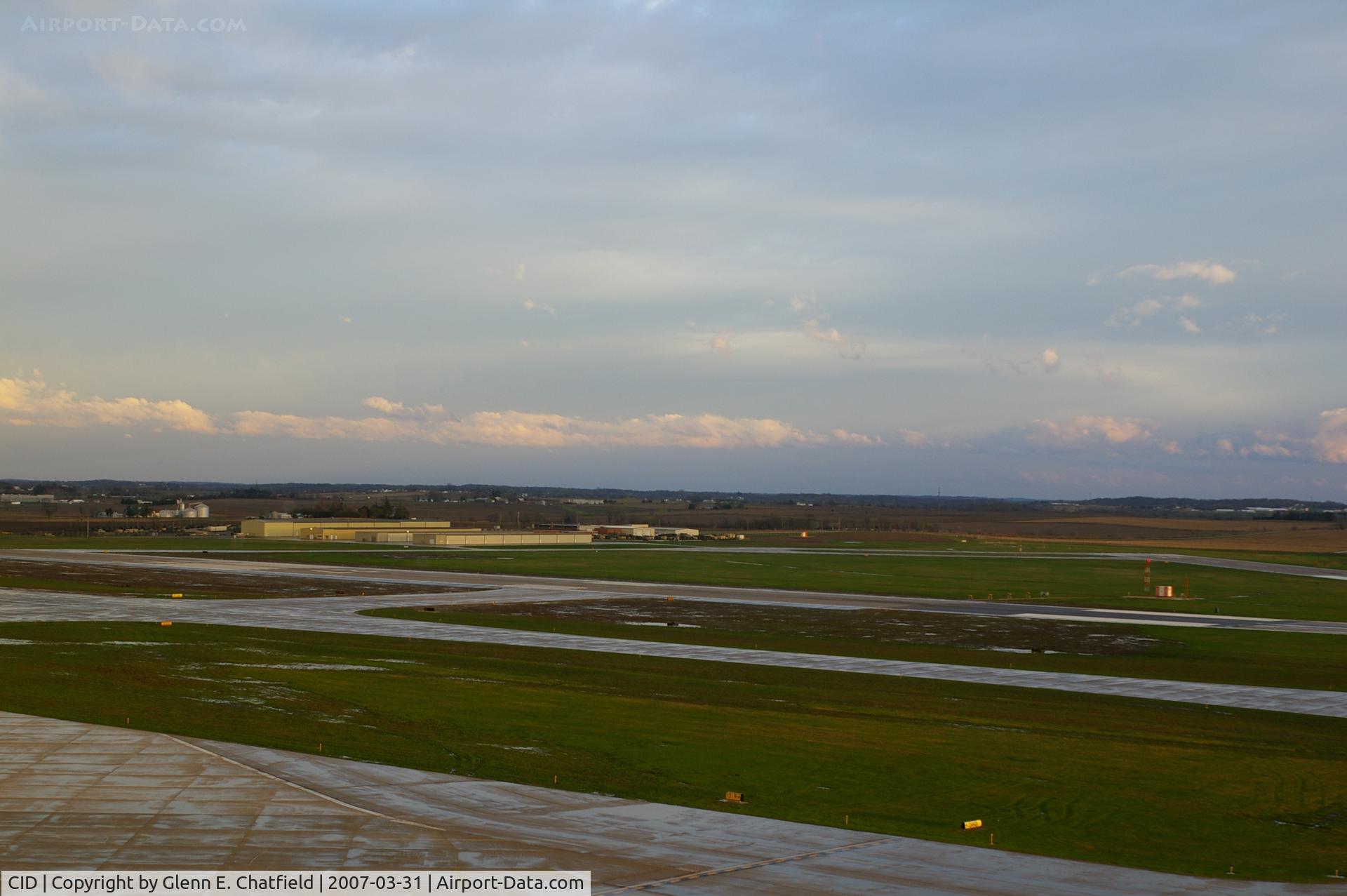 The Eastern Iowa Airport (CID) - Looking SE from control tower.  East T-hangars and National Guard Armory