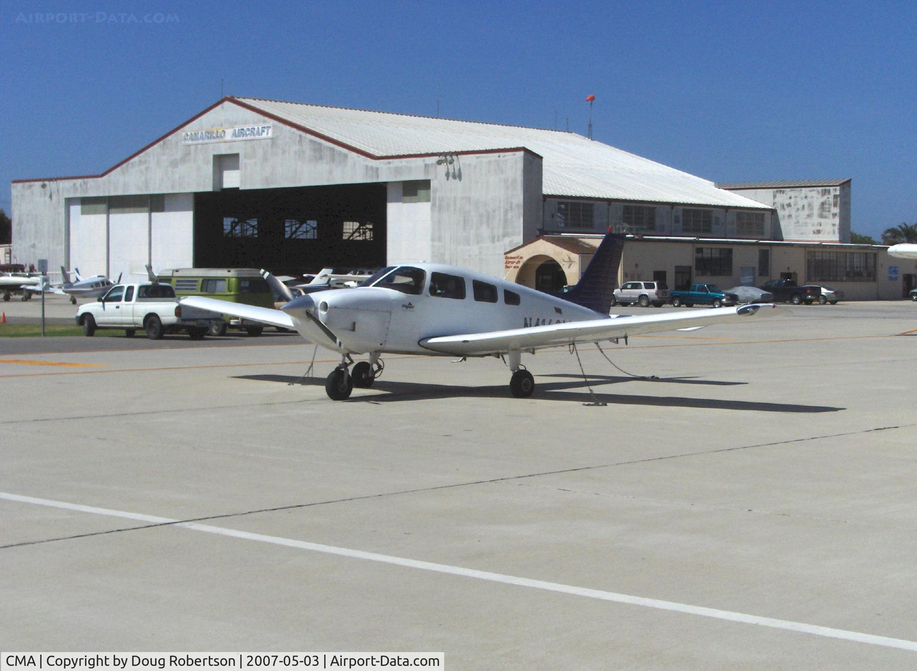 Camarillo Airport (CMA) - Transient parking Piper Cherokee in front of Waypoint Cafe-overnight parking fee