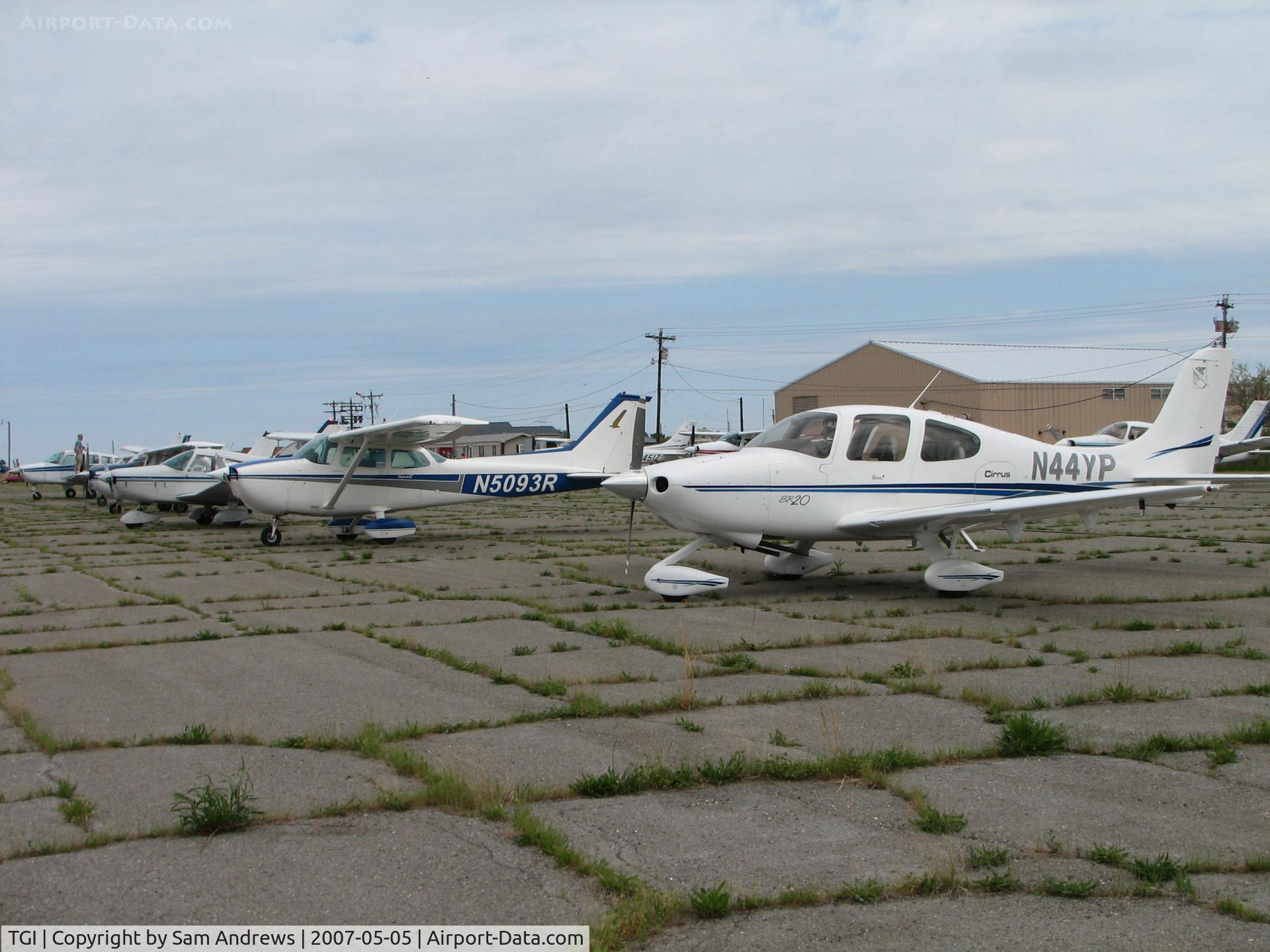 Tangier Island Airport (TGI) - The ramp.  Notice the grass and there are no tie downs.  Bring your own there are cables running down the ramp you can tie to.