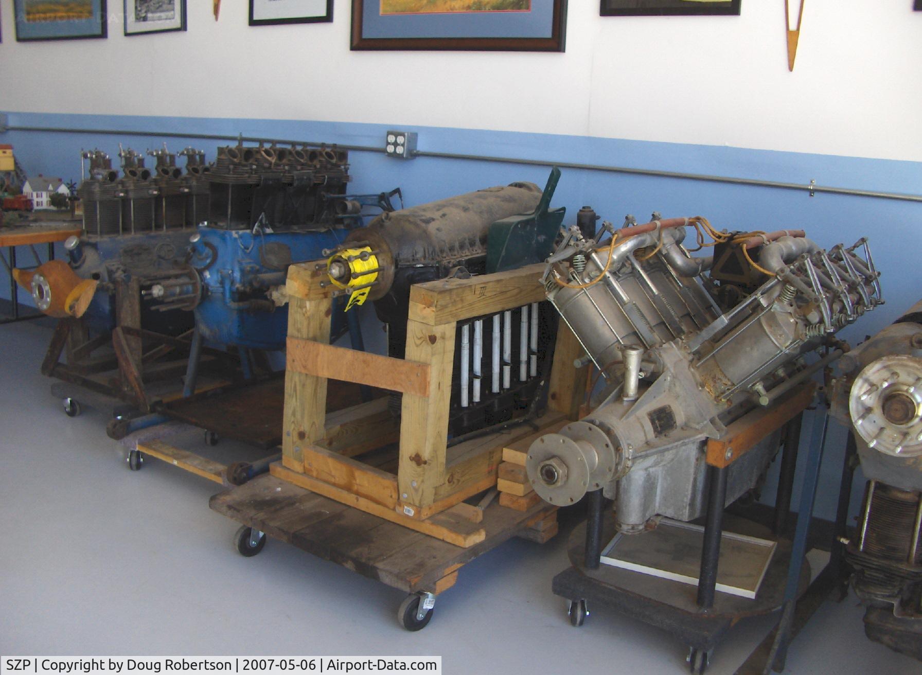 Santa Paula Airport (SZP) - Early Aircraft Engines in Watson Hangar-Aviation Museum of Santa Paula, from left to right-DH Gipsy I, DH Gipsy II, DH Gipsy II, Curtiss OX5, DH Gipsy Major I