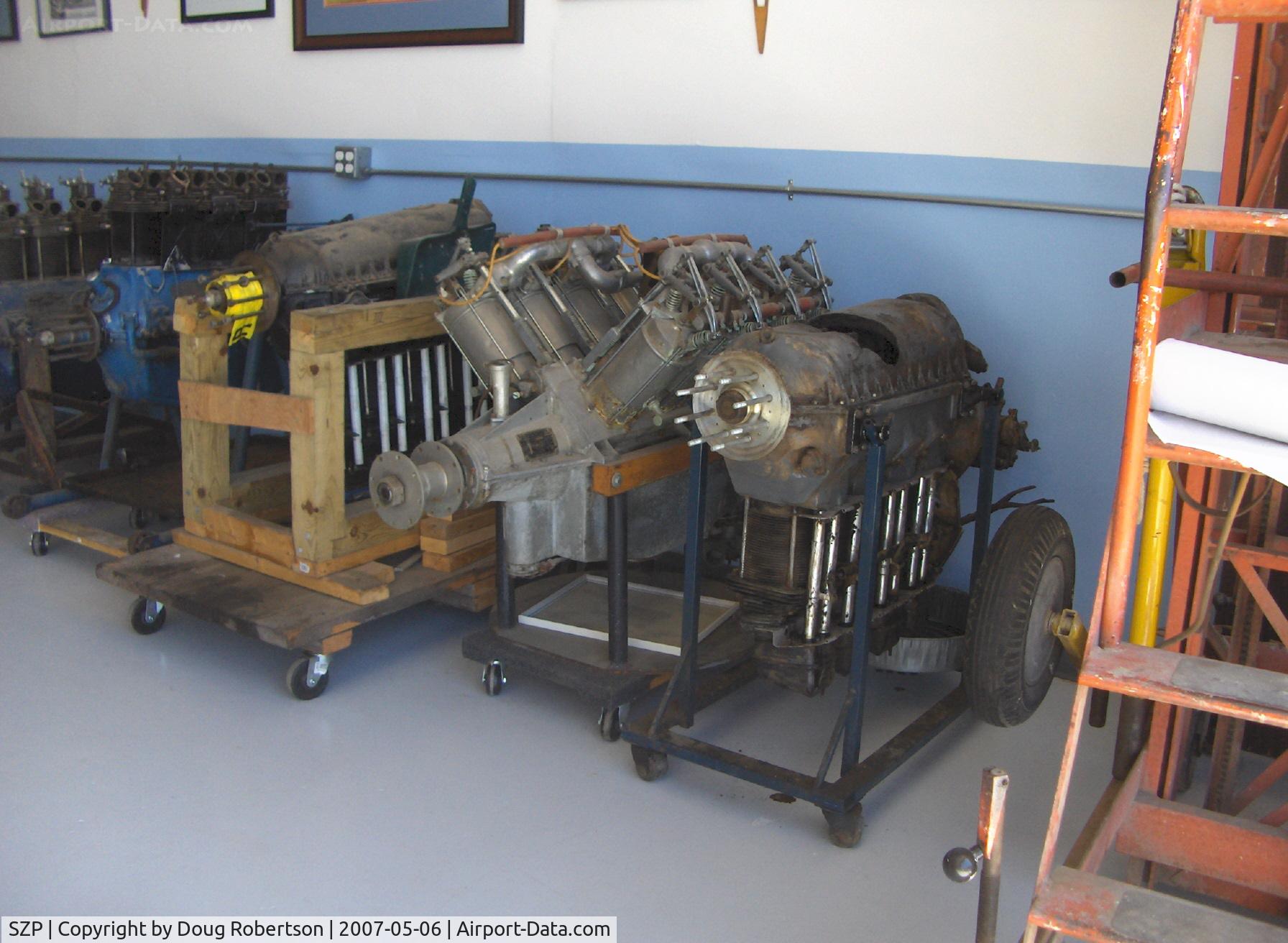 Santa Paula Airport (SZP) - Early Aircraft Engines in Watson Hangar-Aviation Museum of Santa Paula, from left to right-DH Gipsy I, DH Gipsy II, DH Gipsy II, Curtiss OX5, DH Gipsy Major I