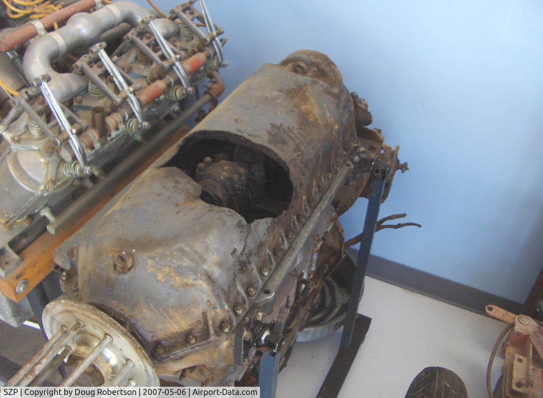 Santa Paula Airport (SZP) - Early Aircraft Engines in Watson Hangar-Aviation Museum of Santa Paula, Closeup-from DeHavilland Tiger Moth- DeHavilland Gipsy Major I engine damage from inverted crash-two fatalities