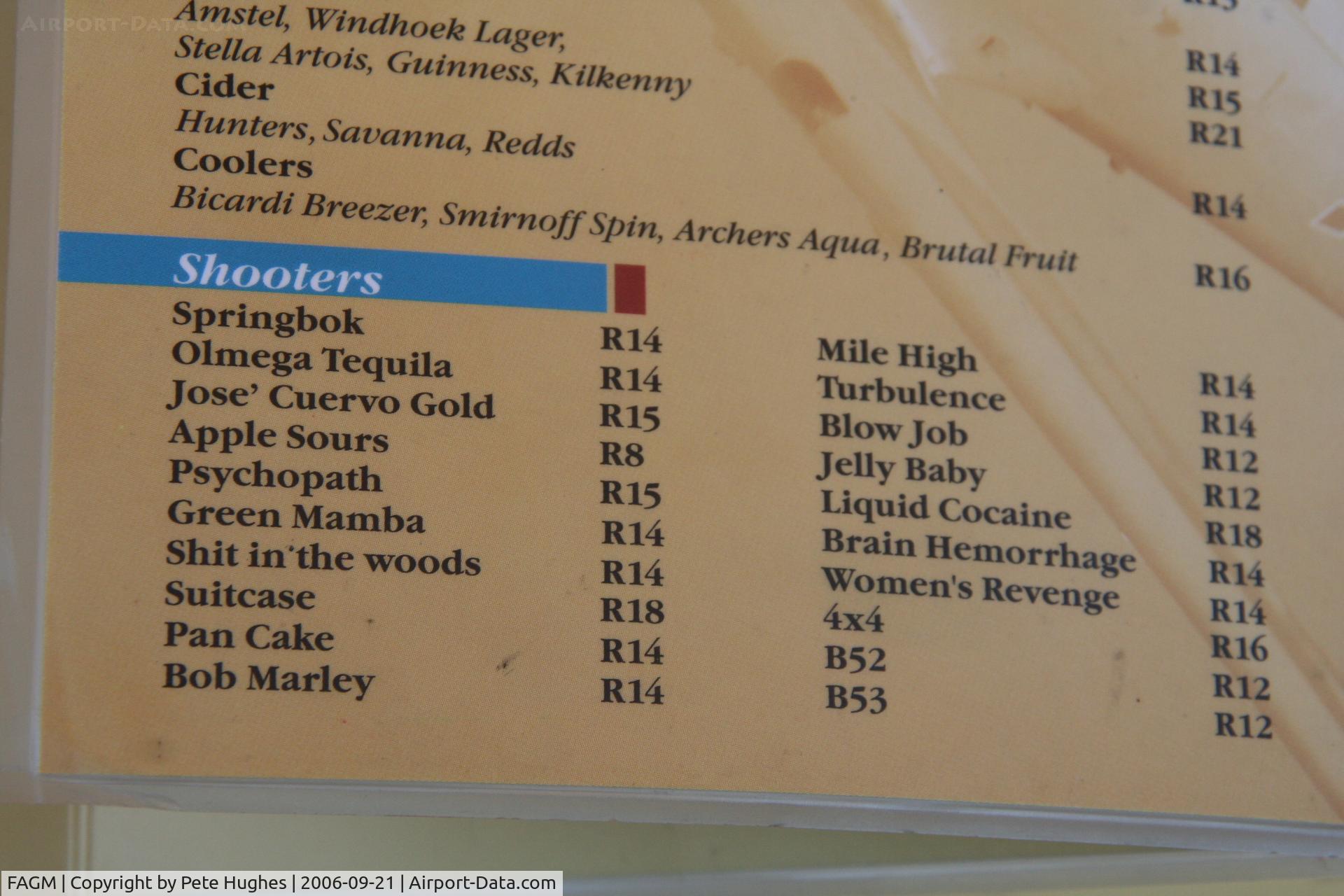 Rand Airport, Johannesburg South Africa (FAGM) - the menu at Rand airport needs reading!!