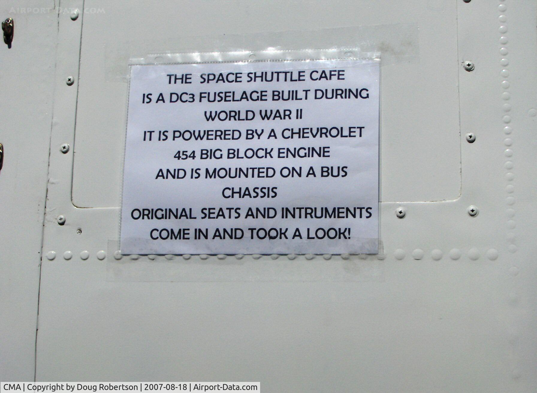 Camarillo Airport (CMA) - mobile Space Shuttle Cafe uses modified Douglas DC-3 fuselage and big block Chevy 454 power, tours welcomed